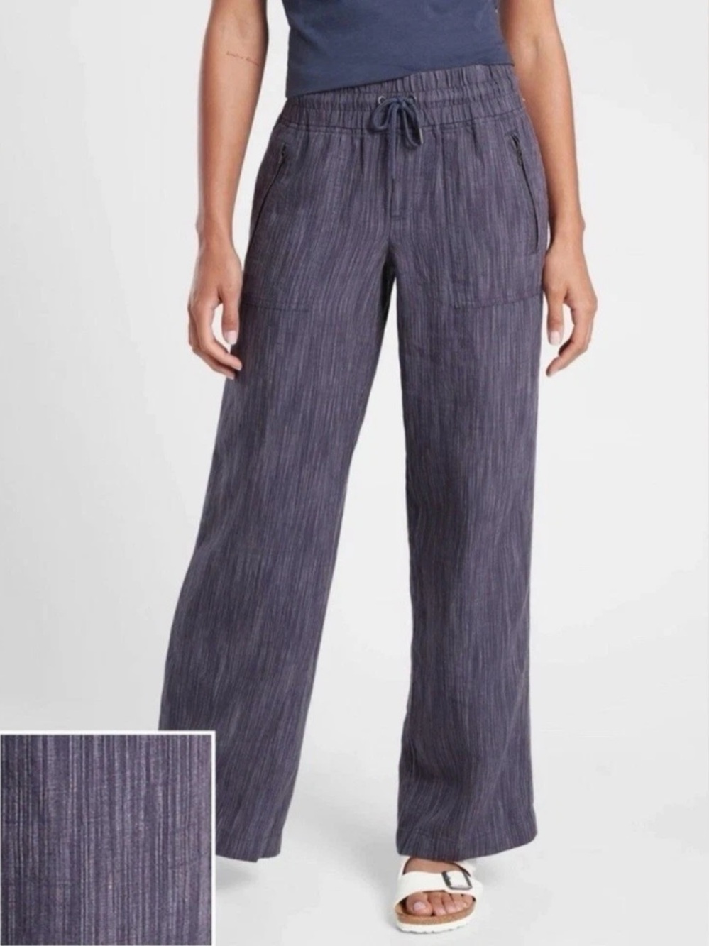 Athleta Cabo Linen Textured Wide Leg Pants Size Medium Navy Blue